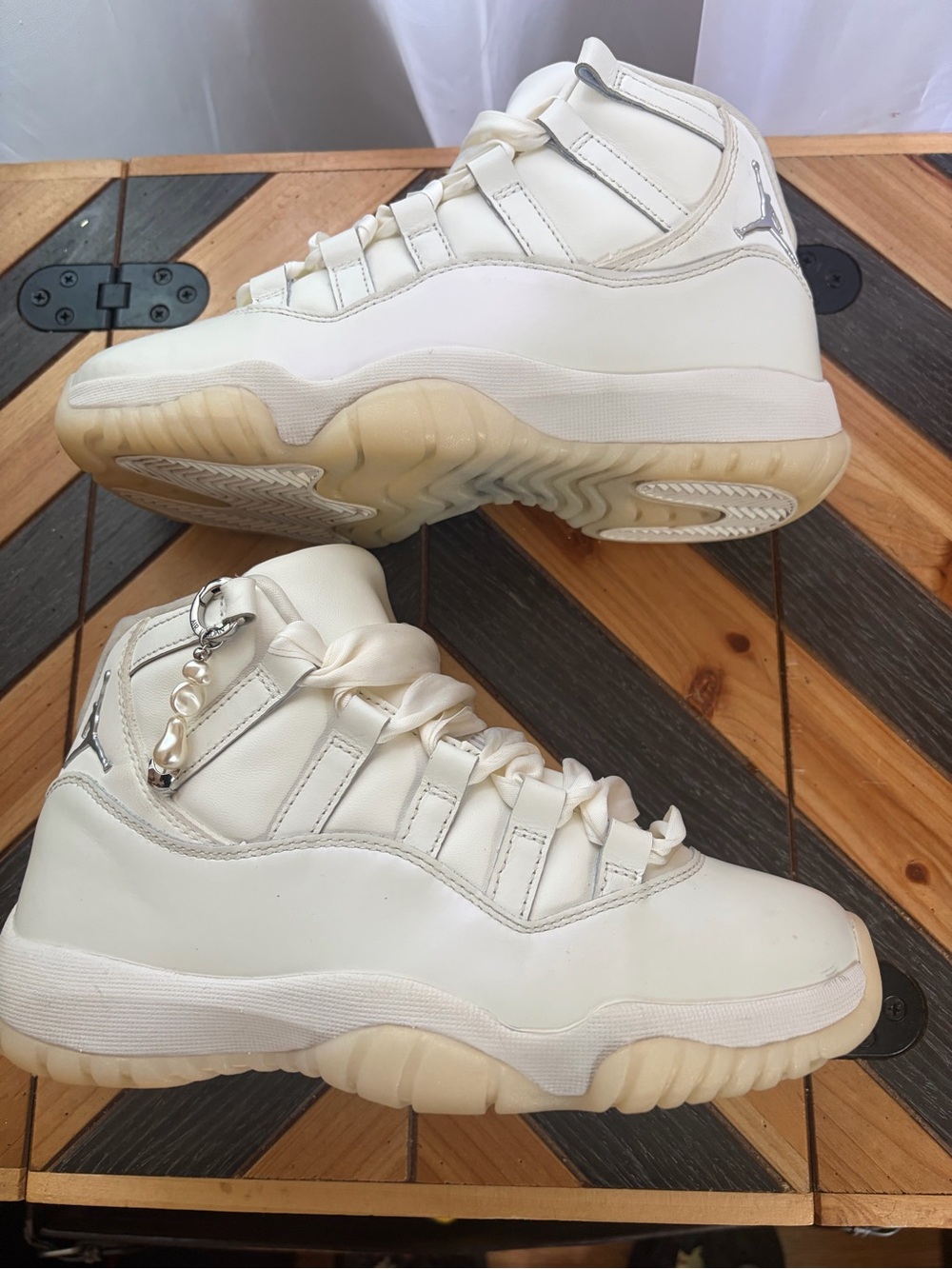 Jordan Cream and Off-White High Top Sneakers with Pearl Charm